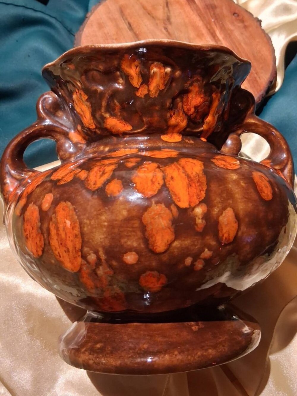 Vintage MCM 1970s Drip Glaze Vase Orange Brown Tortoiseshell Splatter Planter